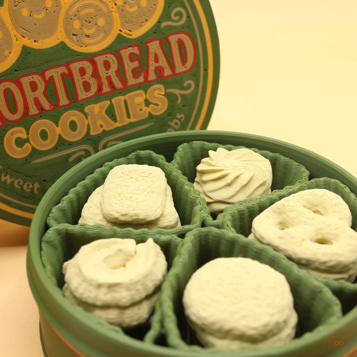 Two 3D printed shortbread cookie tins filled with clickable cookies