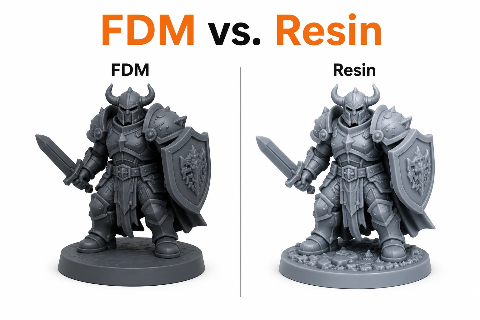FDM vs resin comparison - the same armoured knight miniature printed on both technologies
