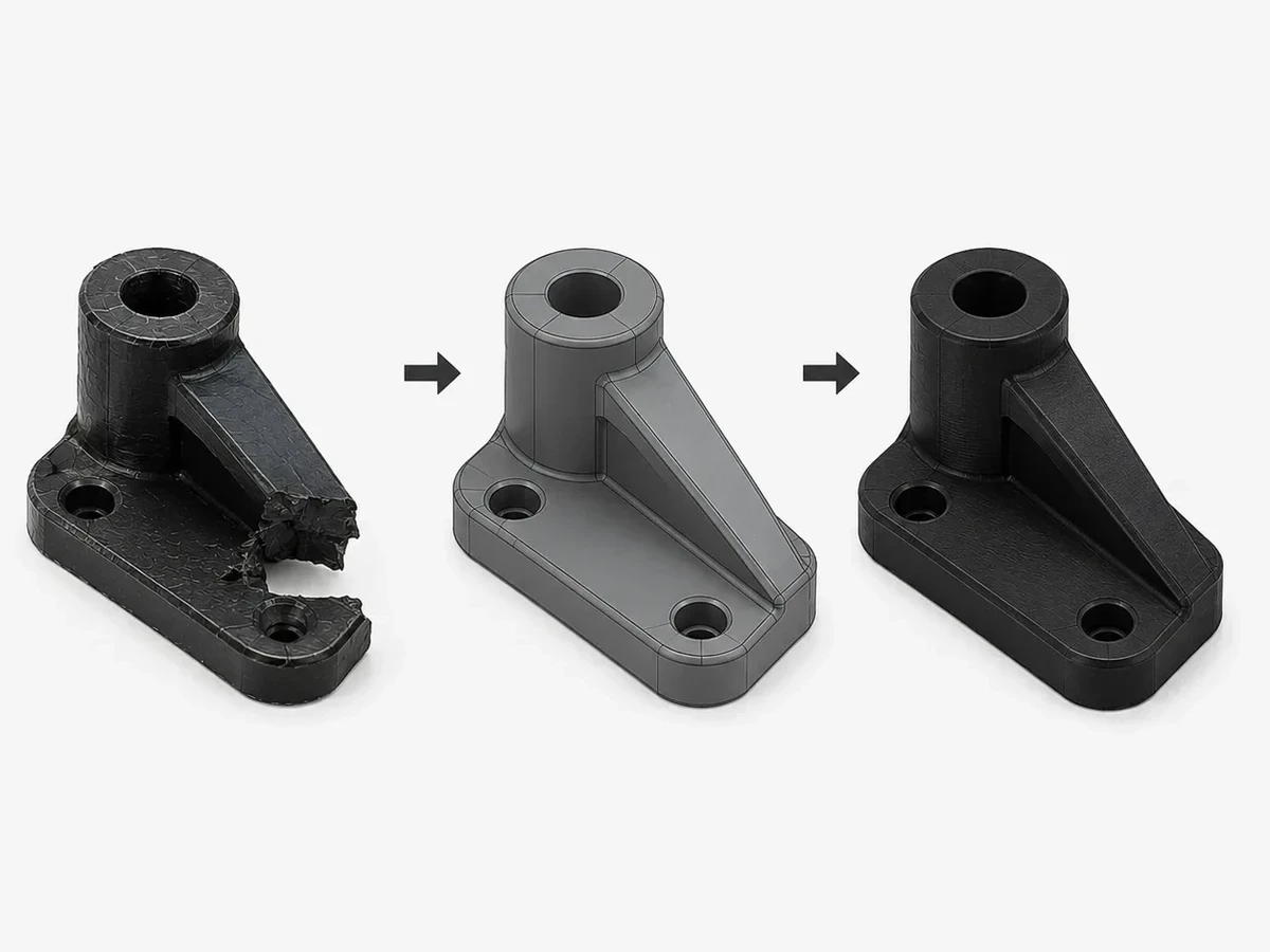 A broken part, its CAD model, and the finished 3D printed replacement