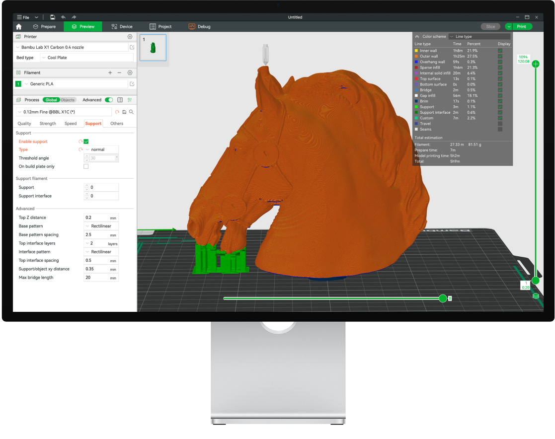 Slicer preview showing a five-hour print time estimate for an orange model